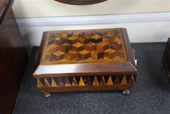 An early 19th century Tunbridge ware Vandyke marquetry sewing box and similar tea caddy, 13in.